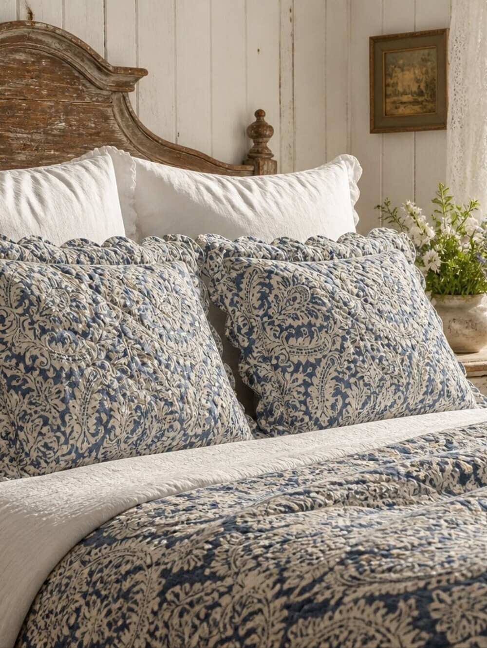 Waverly King Size Vintage Cottagecore Blue White Damask Scalloped Pillow Shams